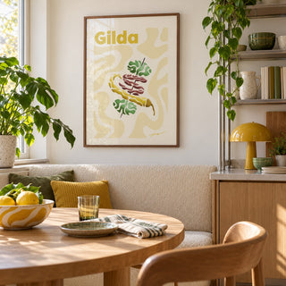 Pintxos Poster hung above a breakfast nook in a city apartment kitchen (frame not included)