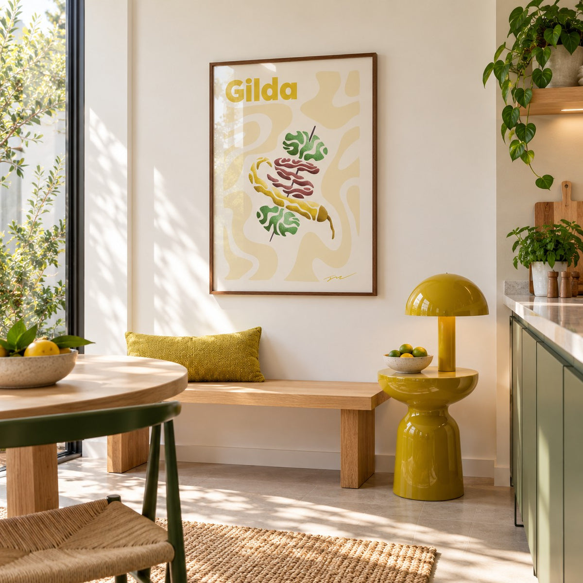Pintxos Poster hung above a breakfast bench in a colourful minimalist kitchen (frame not included)