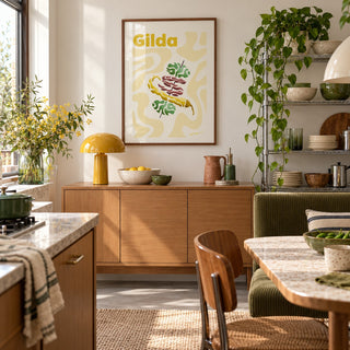 Pintxos Poster hung above an oak sideboard in a creative apartment kitchen (frame not included)
