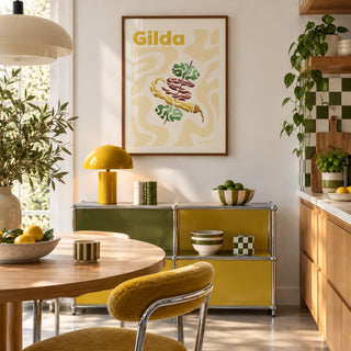 Pintxos Poster hung above a retro sideboard in a kitchen dining area (frame not included)