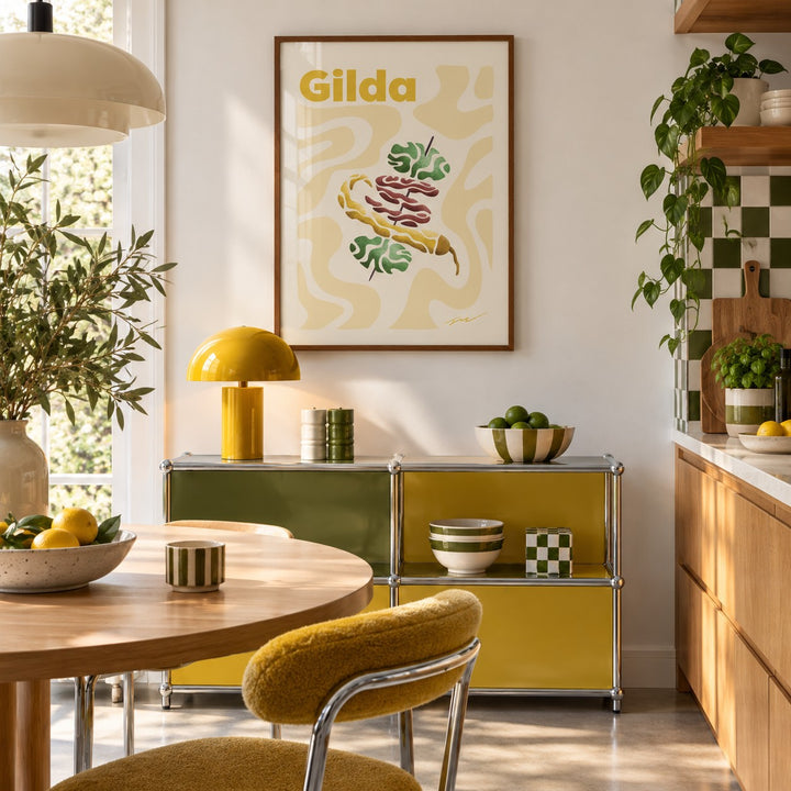 Pintxos Poster hung above a retro sideboard in a kitchen dining area (frame not included)