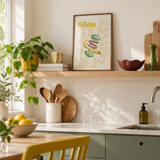 Pintxos Poster in the small A4 size, leaning on a kitchen shelf (frame not included)