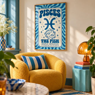 Pisces Wall Art, framed on the wall of a cosy colourful reading nook in a living room