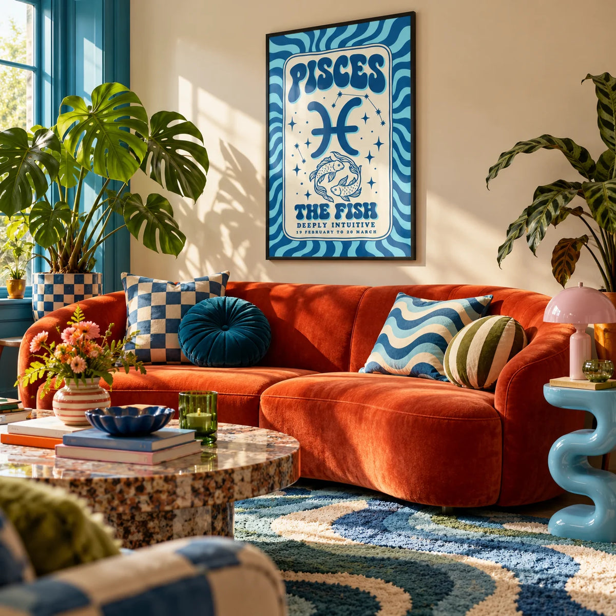 Pisces Wall Art, framed on the wall of a maximalist living room