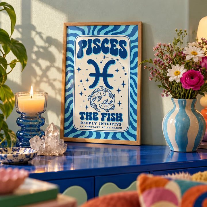 Pisces Wall Art, a small A4 framed print leaning on a colourful lacquered shelf in a living room