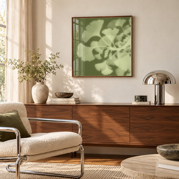 Pistachio Ginkgo Print styled above a sideboard (frame not included)