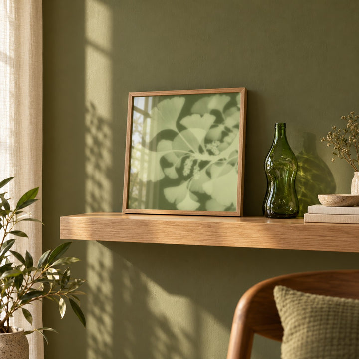 Pistachio Ginkgo Print styled on a shelf against a green wall (frame not included)