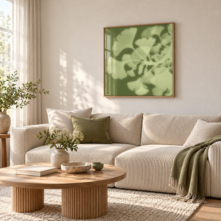 Pistachio Ginkgo Print styled in a living room (frame not included)