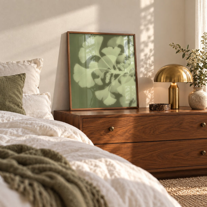 Pistachio Ginkgo Print styled in a bedroom (frame not included)