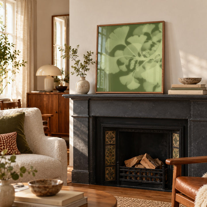Pistachio Ginkgo Print styled on a mantelpiece (frame not included)