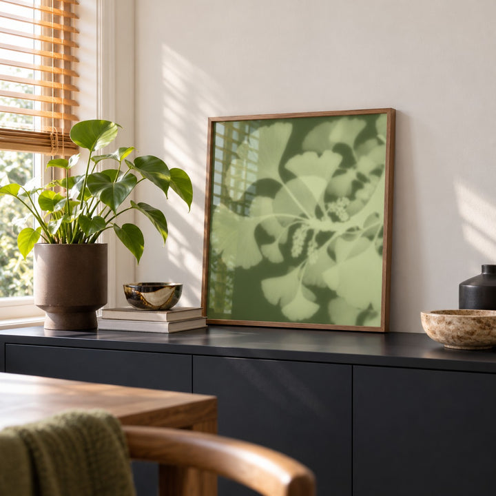 Pistachio Ginkgo Print styled on a black sideboard (frame not included)