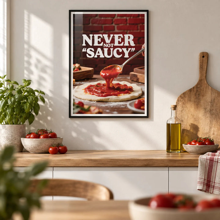 Pizza Wall Art, framed on the wall of a modern kitchen with plain white units and an oak worktop