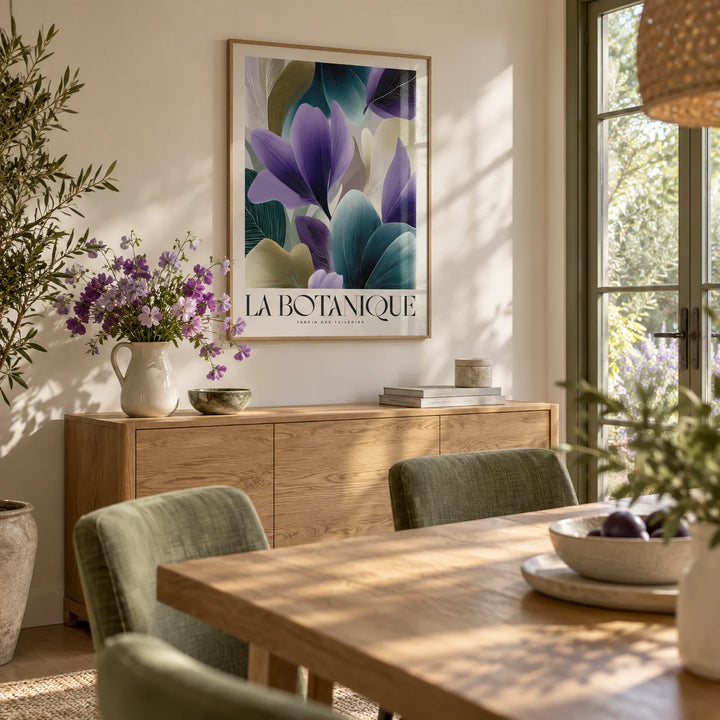 Plant Poster, framed on the wall of a bright dining area by glass garden doors