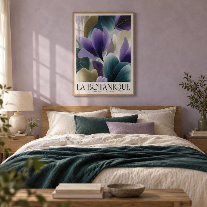 Plant Poster, framed on the wall of a calm bedroom with a soft lavender limewashed wall and a pale oak floor