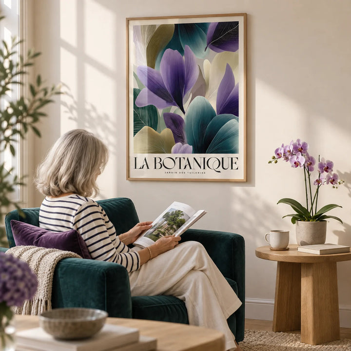 Plant Poster, framed on the wall of a calm modern living room with a warm white wall