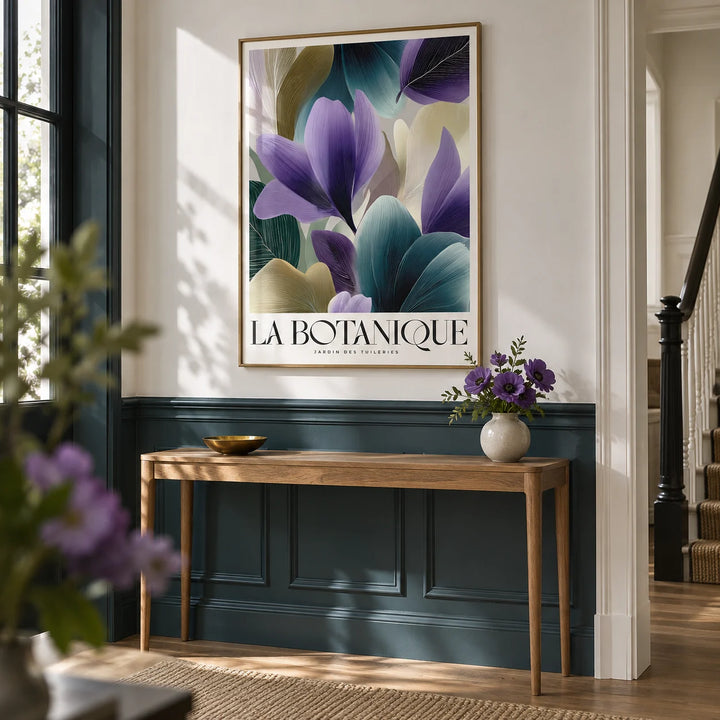 Plant Poster, framed on the wall of an elegant hallway with a deep teal painted panelled lower wall and a white upper wall