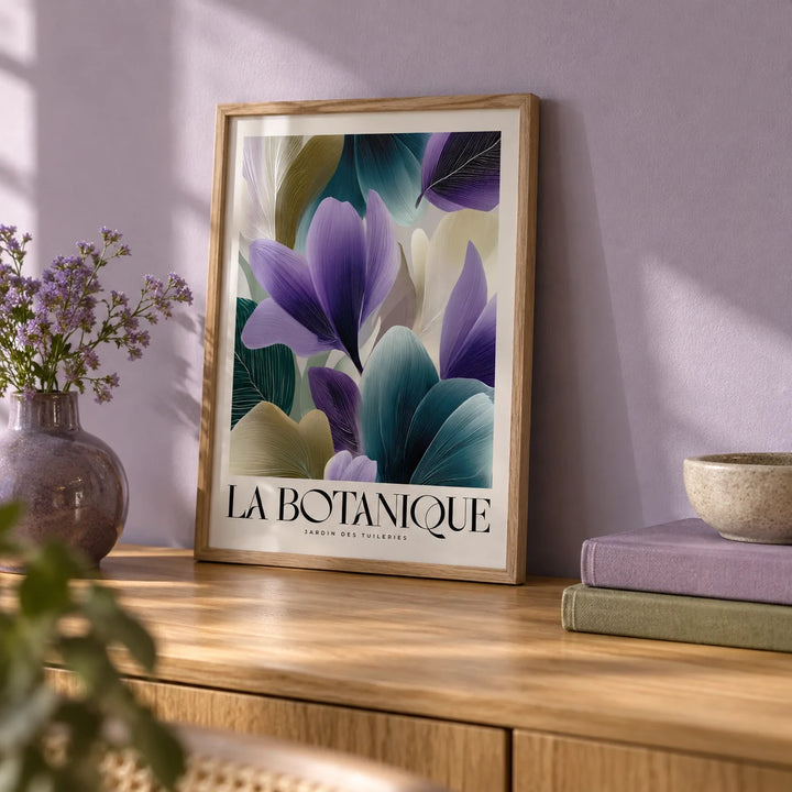 Plant Poster, a small A4 framed print leaning on an oak shelf in a living room