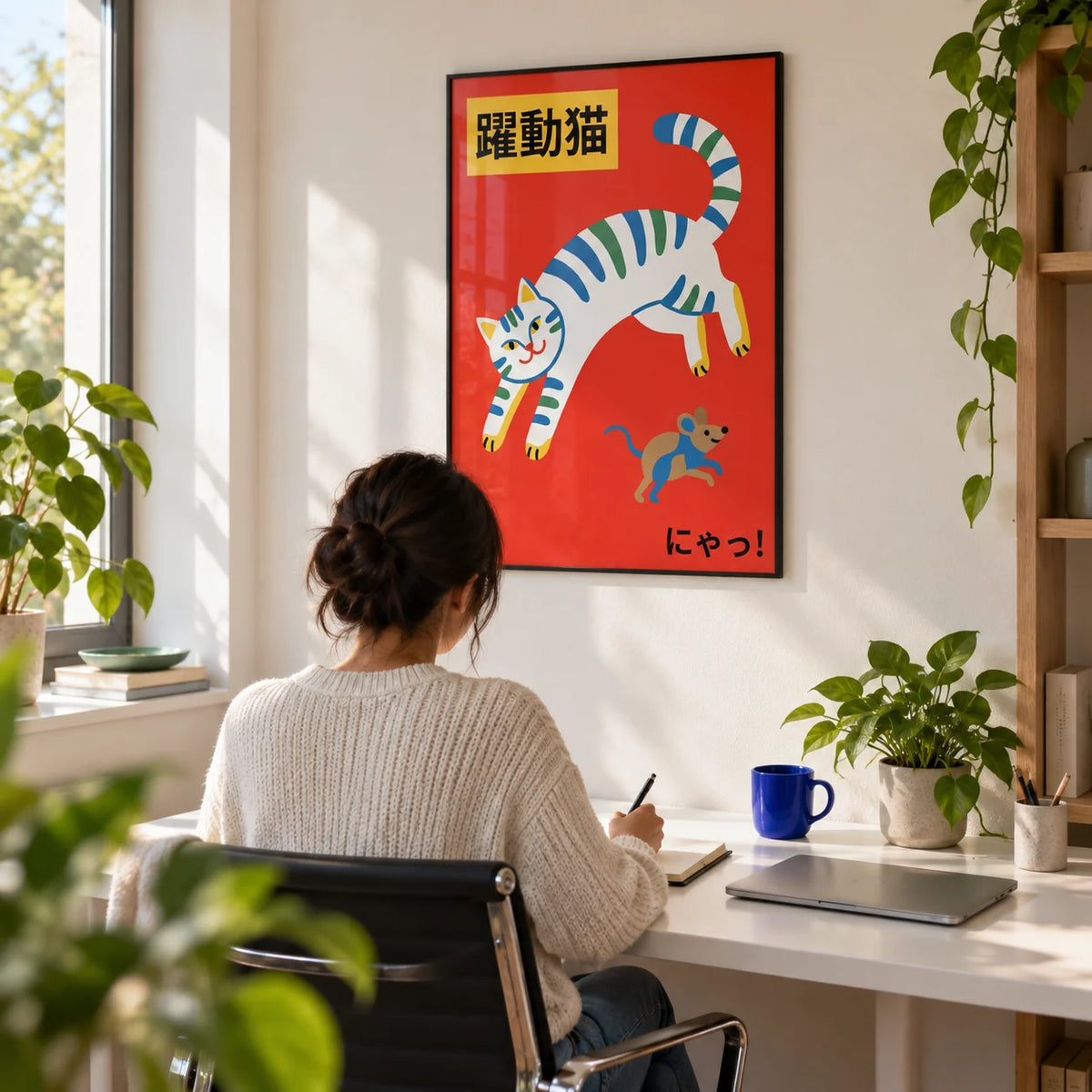 Playful Cat Art Print, framed on the wall of a bright home office