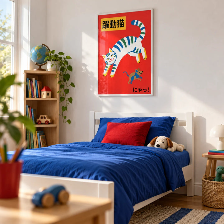 Playful Cat Art Print, framed on the wall of a bright modern child's bedroom with white walls