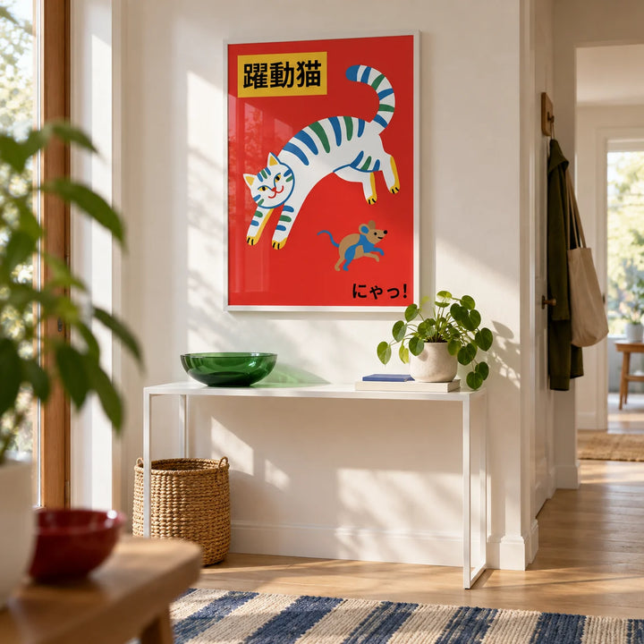 Playful Cat Art Print, framed on the wall of a crisp modern hallway