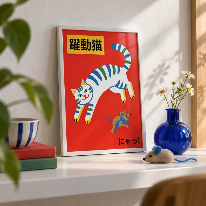Playful Cat Art Print, a small A4 framed print leaning on a white shelf in a living room