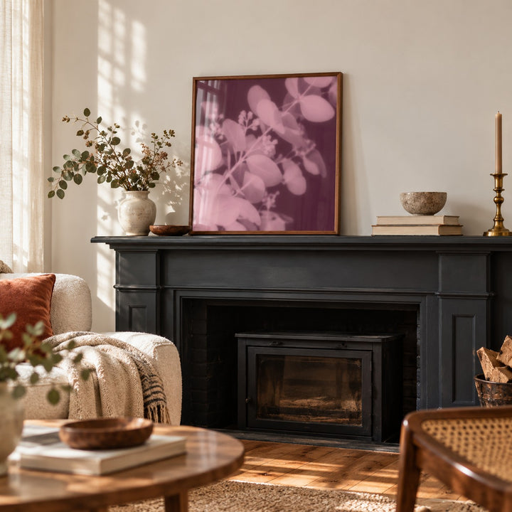 Plum Eucalyptus Print styled on a mantelpiece (frame not included)