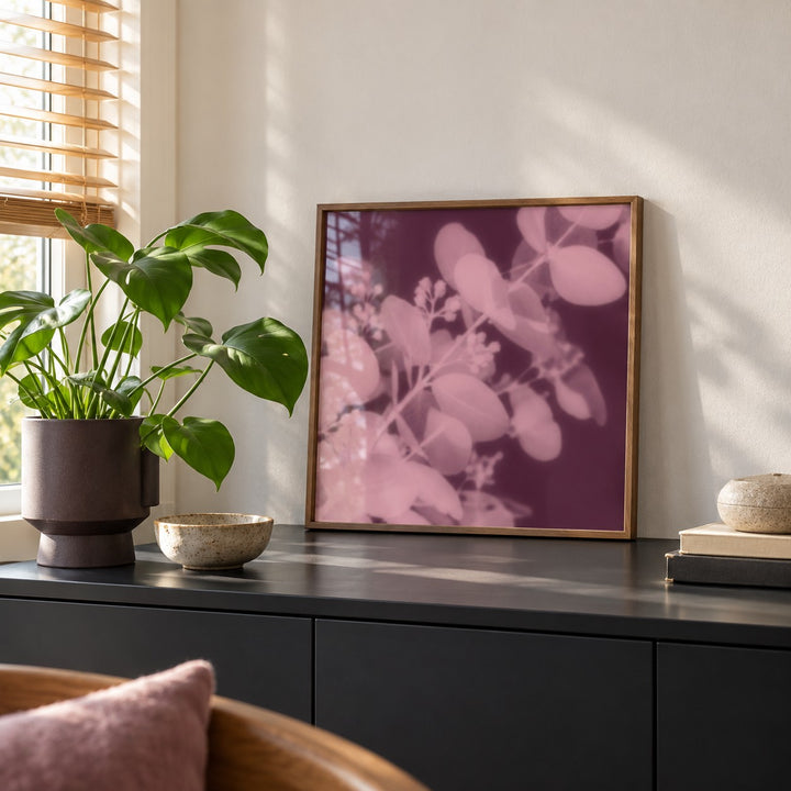 Plum Eucalyptus Print styled on a black sideboard (frame not included)