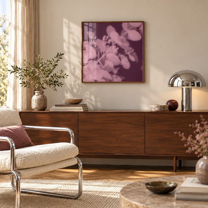 Plum Eucalyptus Print styled above a sideboard (frame not included)