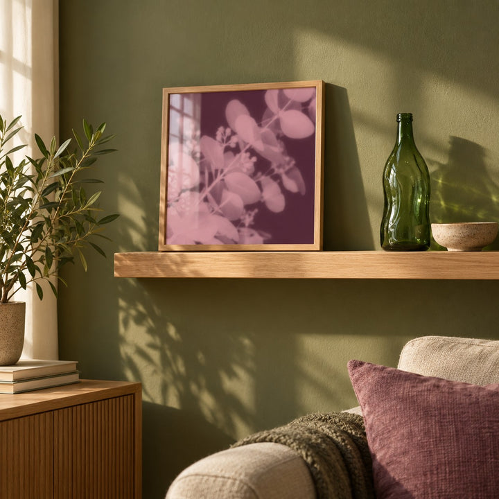 Plum Eucalyptus Print styled on a shelf against a green wall (frame not included)