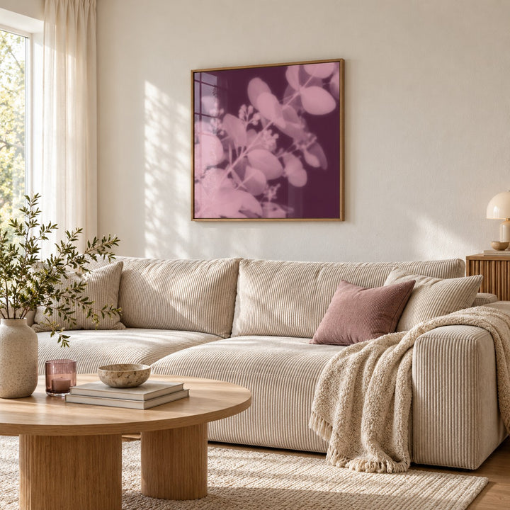 Plum Eucalyptus Print styled in a living room (frame not included)