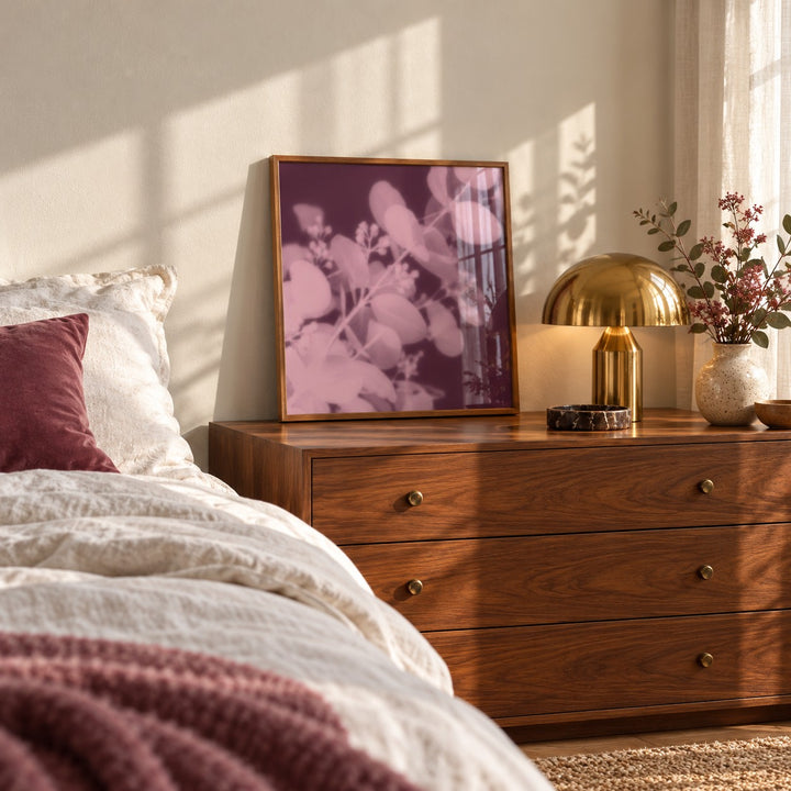 Plum Eucalyptus Print styled in a bedroom (frame not included)
