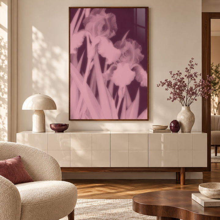 Plum Iris Print styled in a hallway (frame not included)
