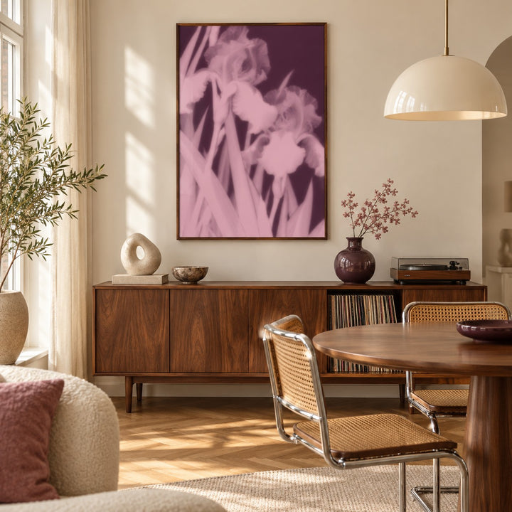 Plum Iris Print styled in a dining room (frame not included)