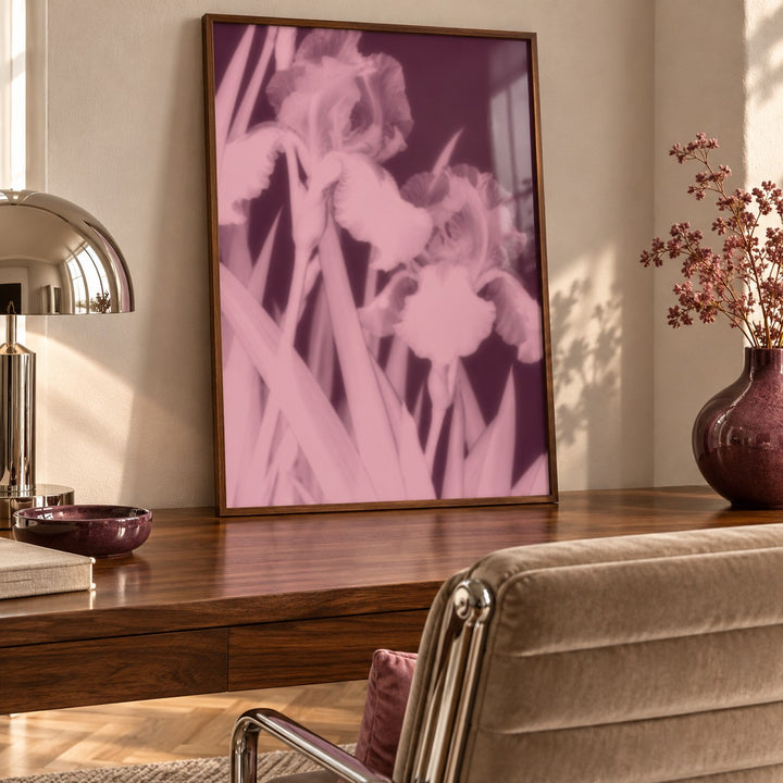 Plum Iris Print styled in a home office (frame not included)