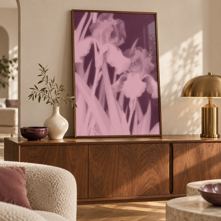 Plum Iris Print shown close up on a sideboard (frame not included)