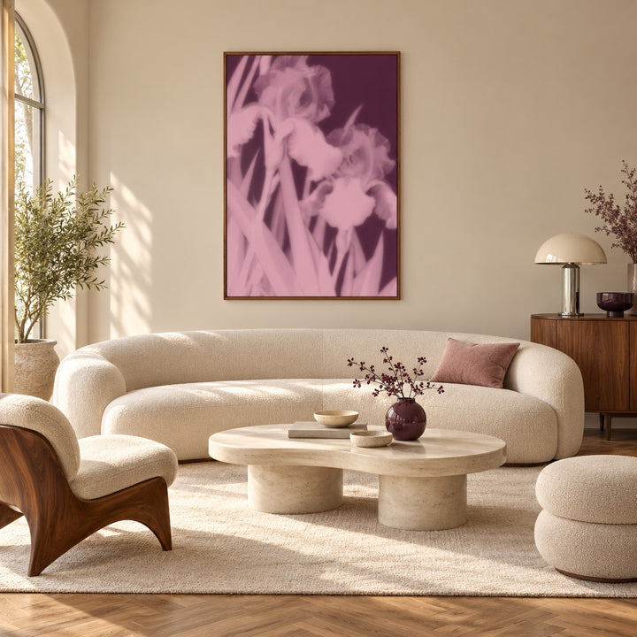 Plum Iris Print styled in a living room (frame not included)