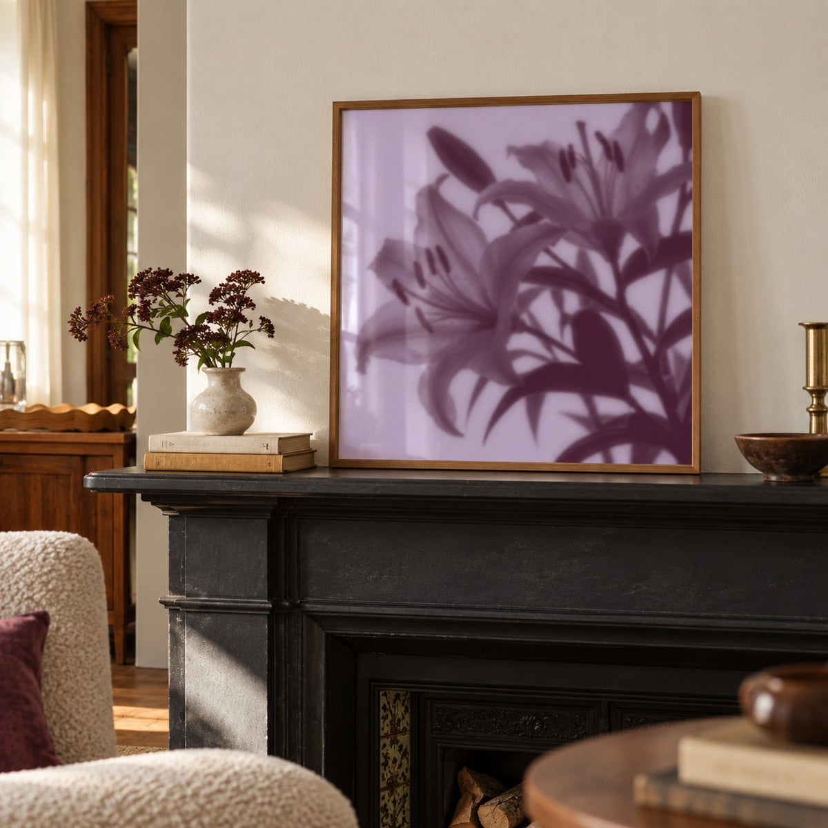 Plum Lily Print styled on a mantelpiece (frame not included)