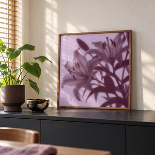 Plum Lily Print styled on a black sideboard (frame not included)
