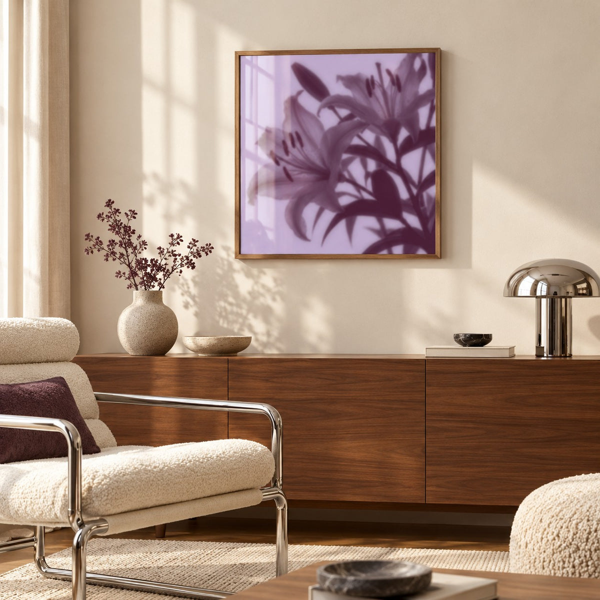 Plum Lily Print styled above a sideboard (frame not included)