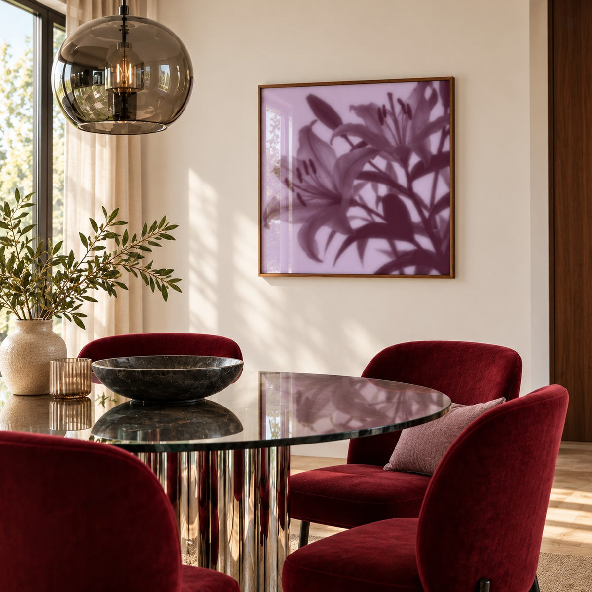 Plum Lily Print styled in a dining room (frame not included)