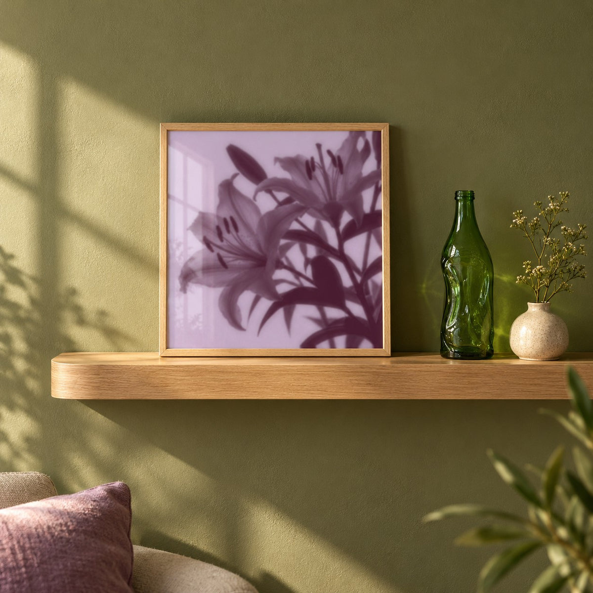 Plum Lily Print styled on a shelf against a green wall (frame not included)