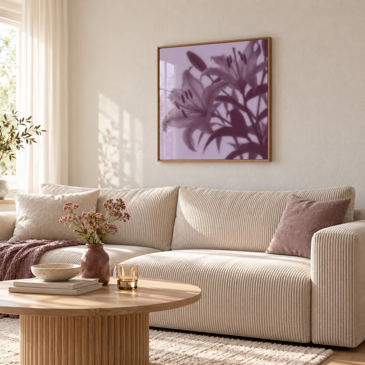 Plum Lily Print styled in a living room (frame not included)