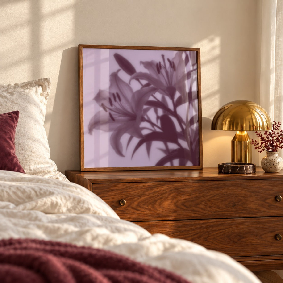 Plum Lily Print styled in a bedroom (frame not included)