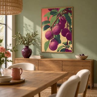 Plum Poster, framed on the wall of a calm dining room with a sage green painted wall