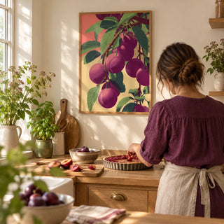 Plum Poster, framed on the wall of a cosy kitchen with a cream wall
