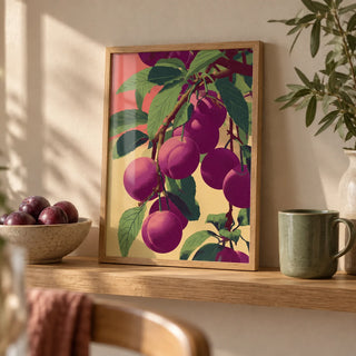 Plum Poster, a small A4 framed print leaning on an oak shelf in a living room