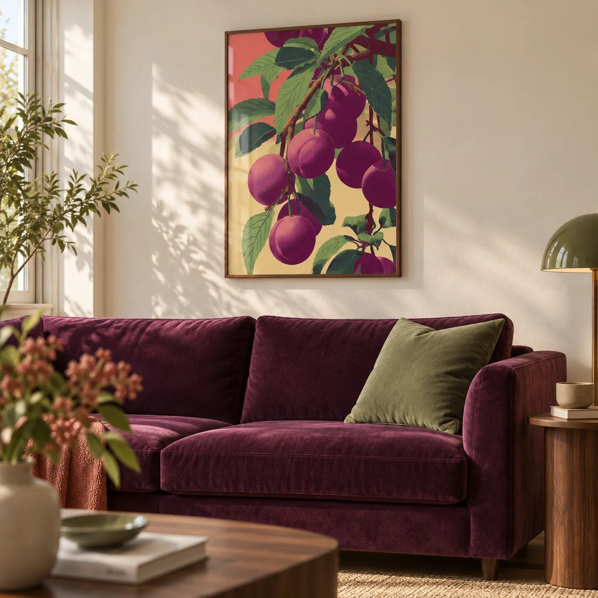 Plum Poster, framed on the wall of a warm living room with a cream wall