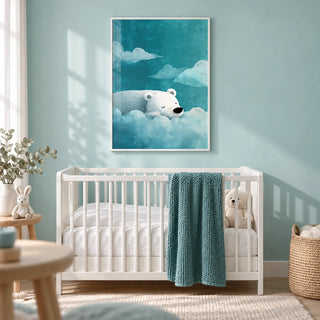 Polar Bear Wall Art, framed on the wall of a calm nursery with a pale aqua wall