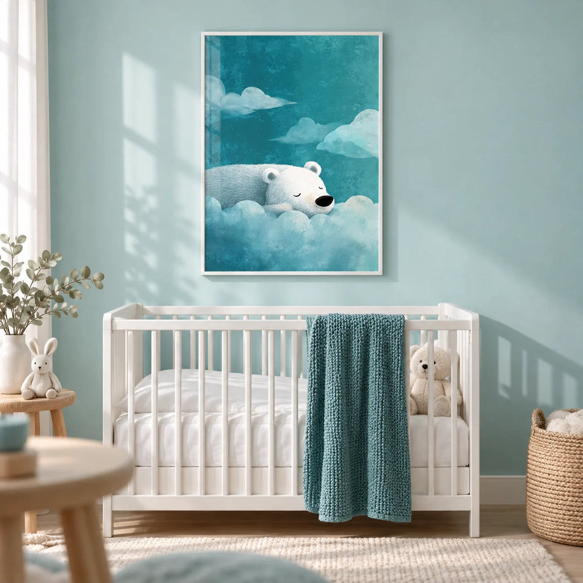 Polar Bear Wall Art, framed on the wall of a calm nursery with a pale aqua wall