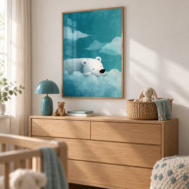 Polar Bear Wall Art, framed on the wall of a calm nursery with a white wall